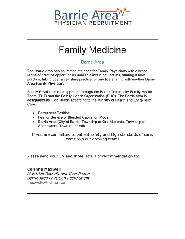 Barrie Physician Recruitment advertising for Family Medicine Opening 